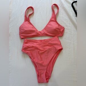 aerie Ribbed Coral Bikini High-Waisted Set